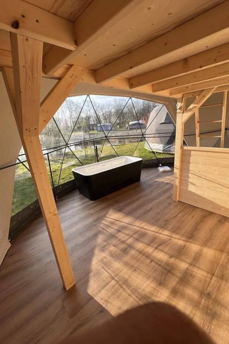 Wooden interior with large geodesic window and modern bathtub for eco-friendly home relaxation.