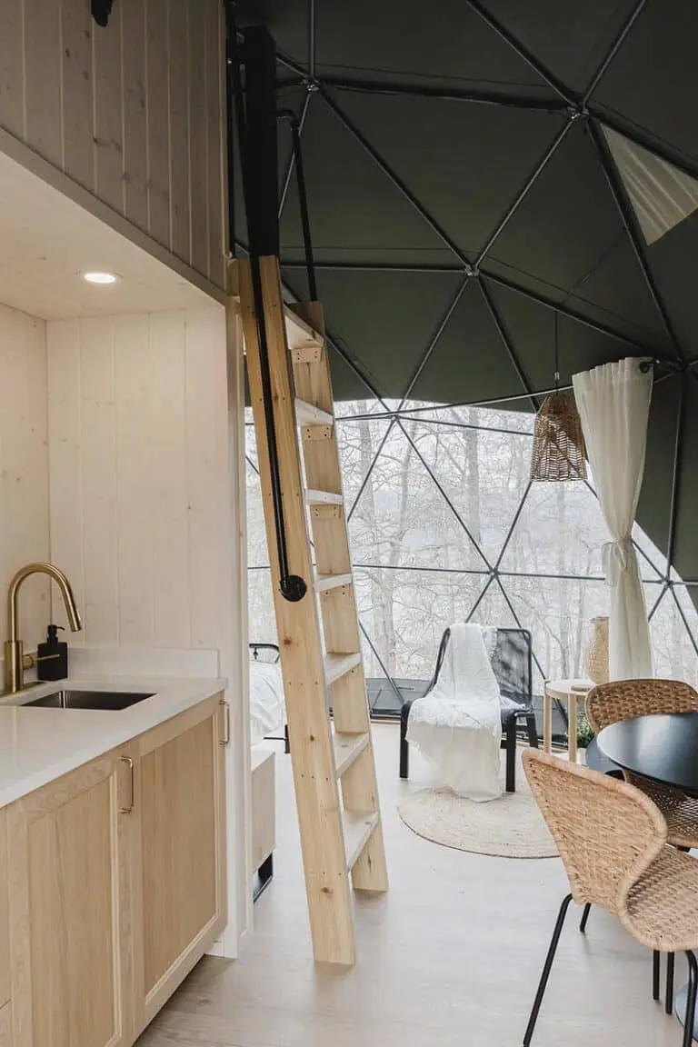 Cozy geodesic dome home interior with wood accents and modern furnishings.