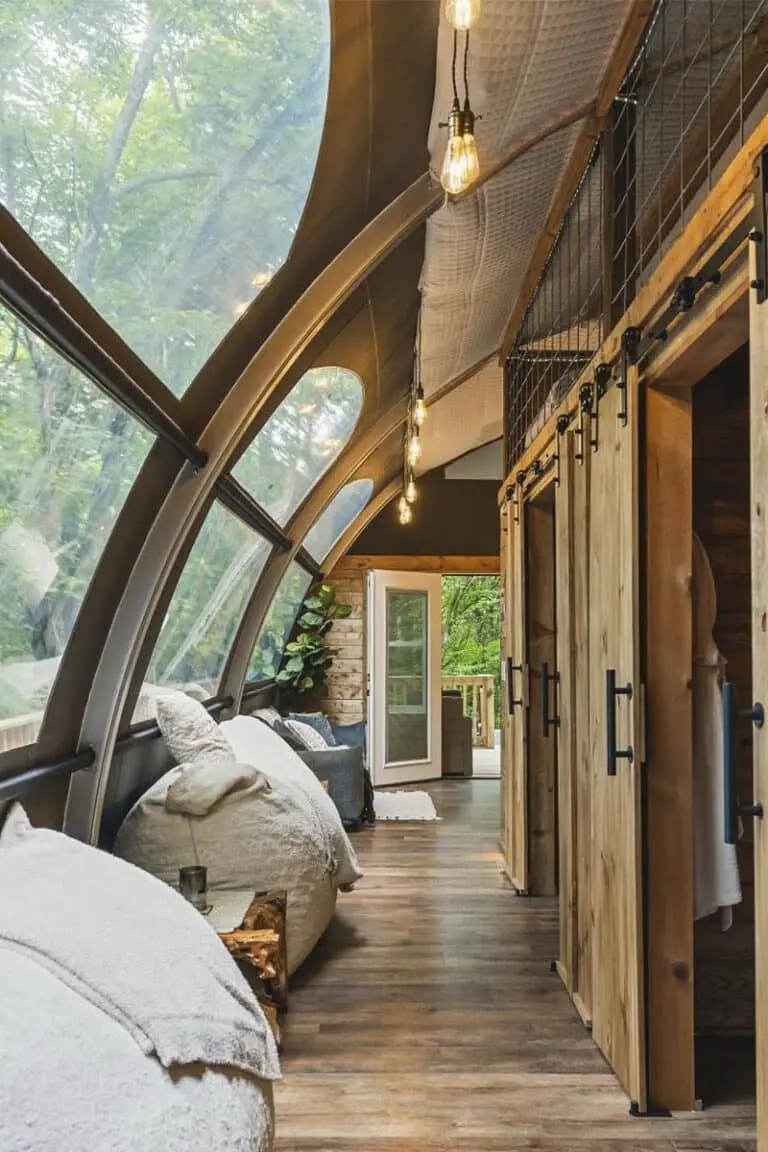 Eco-friendly rustic glamping cabin interior with large curved windows and natural wood accents.