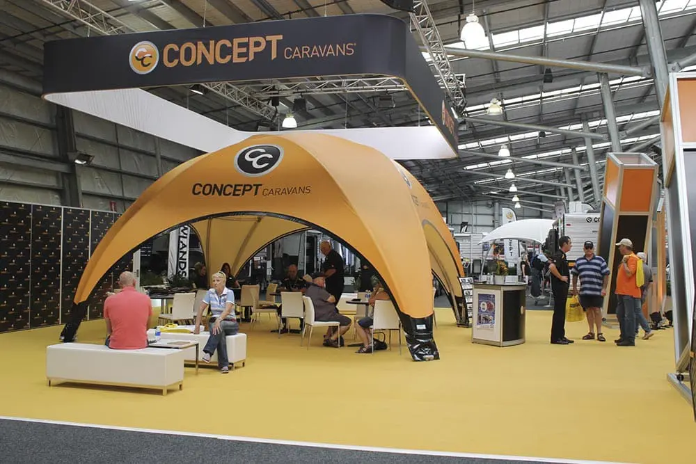 EJH Distribution at RV camping and caravan trade show with Concept Caravans display.