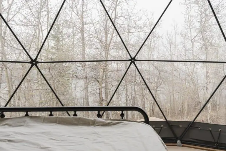Panoramic view of a cozy glamping tent with a view of a leafless forest outside, highlighting outdoor adventure and nature-inspired accommodations.