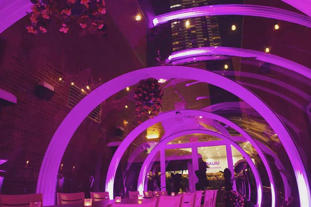 Vibrant purple illuminated arches at EJH Distribution event venue with guests in the background.