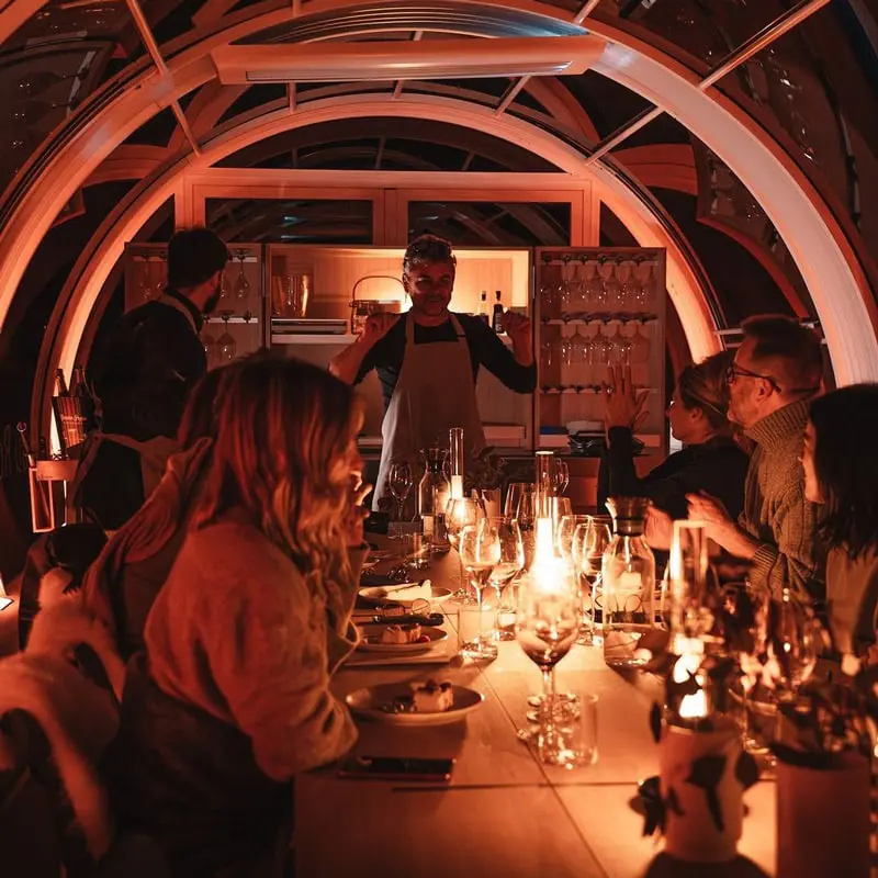 Elegant dinner party at EJH Distribution, featuring a chef serving guests in a modern, warmly lit setting.