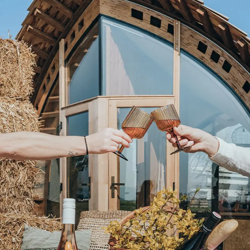 Cheers with wine glasses in front of a modern greenhouse.