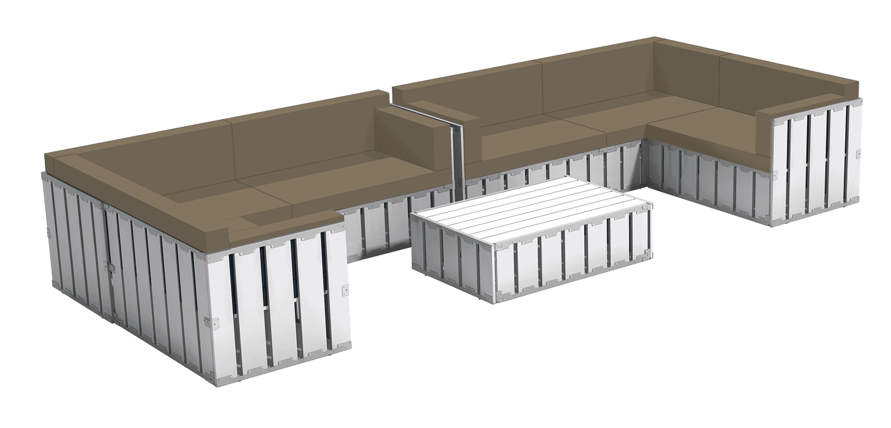 Modern outdoor sectional furniture with aluminum frame and beige cushions for patios and lounges.