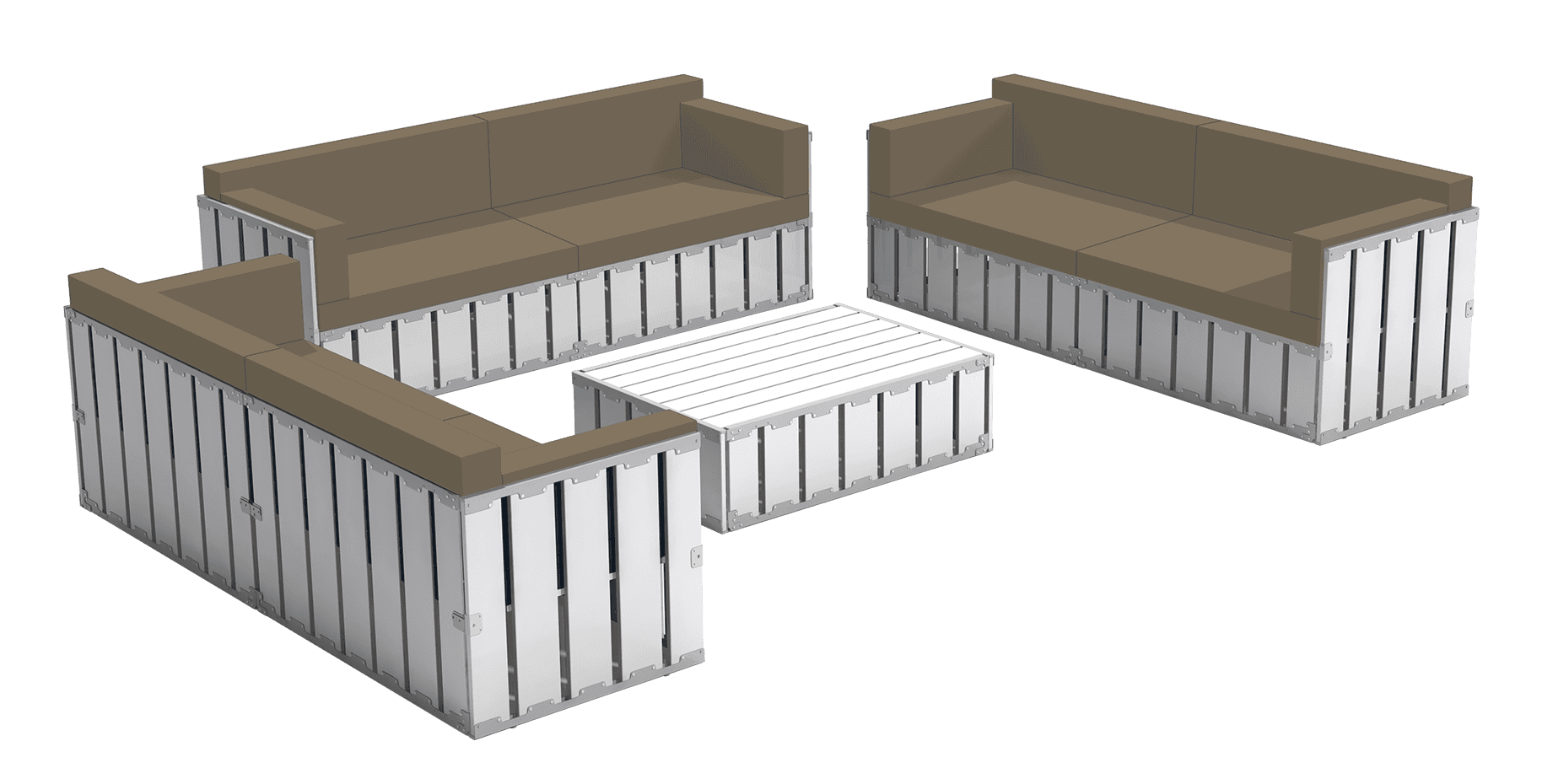 Heavy-duty modular seating with brown cushions and metal frame for outdoor or industrial spaces.