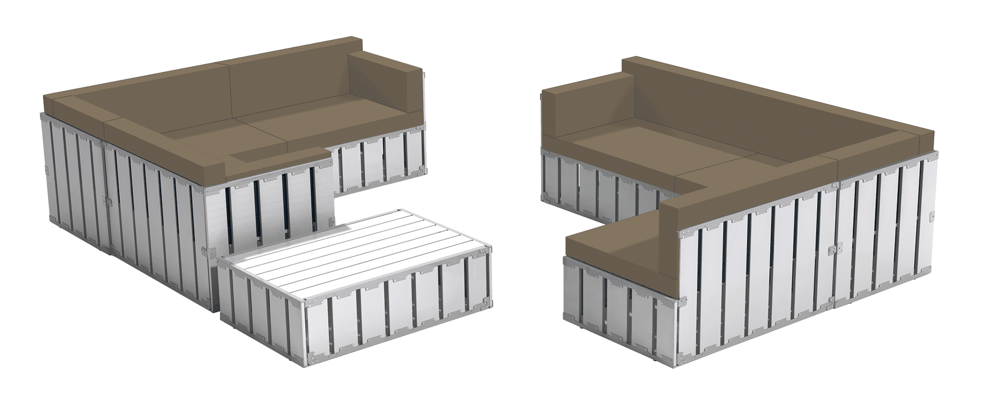 Foldable outdoor furniture with cushioned seating, modular container bases for versatile use.