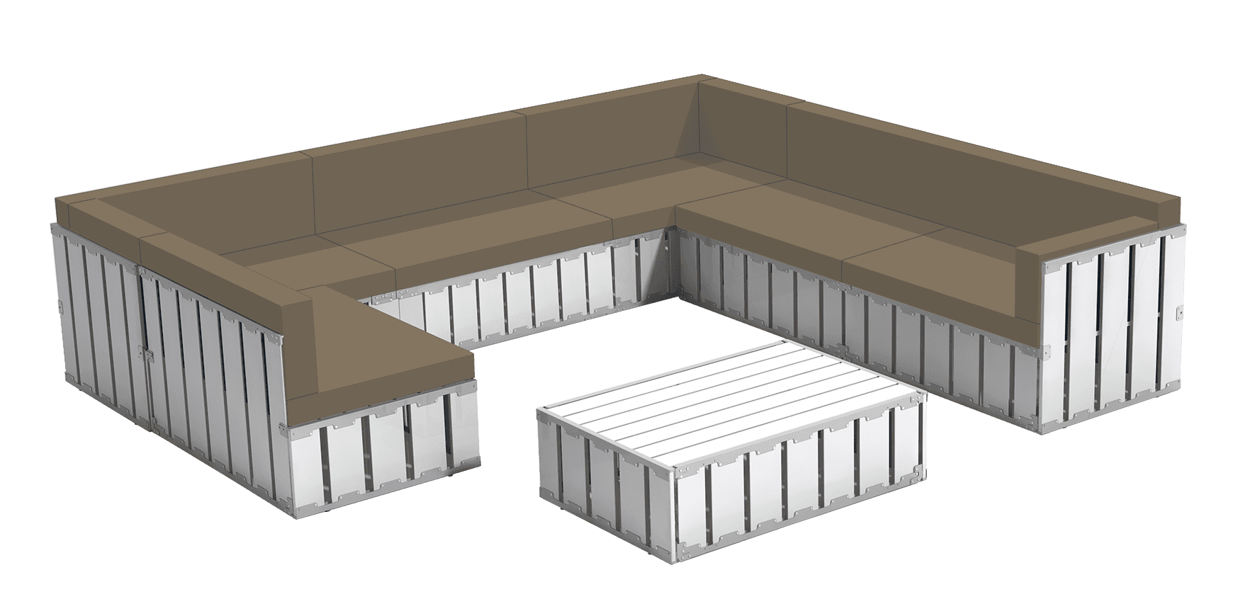 Pallet furniture with cushioned seating and storage containers for outdoor or industrial use.