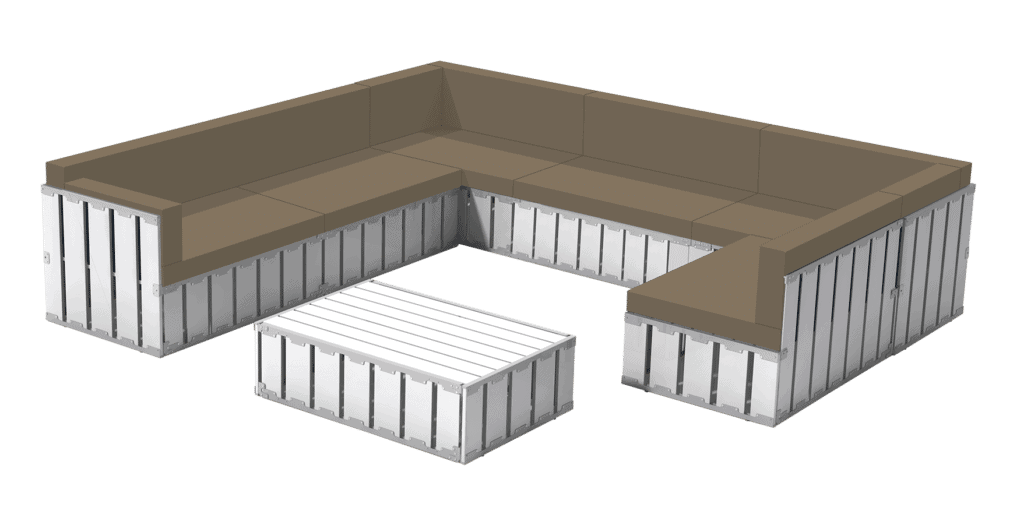 Aluminum outdoor sectional sofa with beige cushions for patio lounging and entertainment.