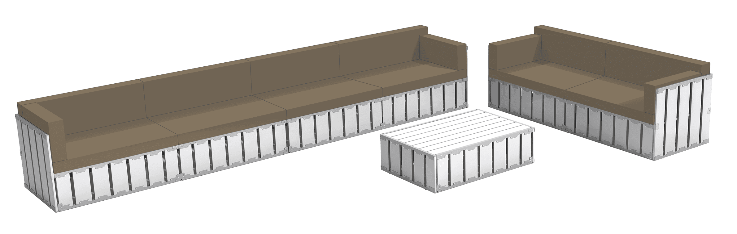 Industrial modular seating with aluminum frames and cushioned seats for durable indoor or outdoor use.