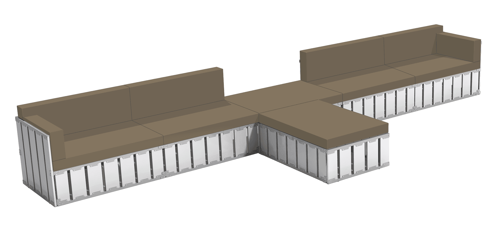 Foldable modular seating with cushioned brown upholstery and metal frame, ideal for outdoor and public spaces.