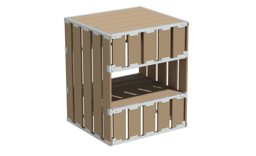Wooden pallet crate with white reinforced corners for secure shipping and storage.