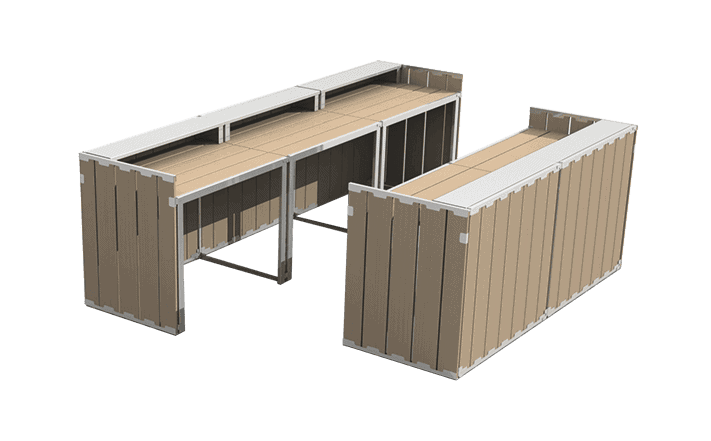 Heavy-duty shipping containers with modular workbenches for industrial use.