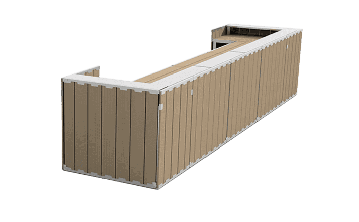 Shipping container storage unit with wood exterior and white trim for industrial use.