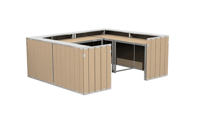 Heavy-duty outdoor storage shed made of weather-resistant wood panels and metal frame.