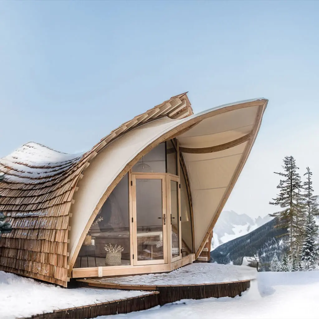 Unique wooden tiny home with curved roof in snowy mountain landscape, eco-friendly, modern cabin design.