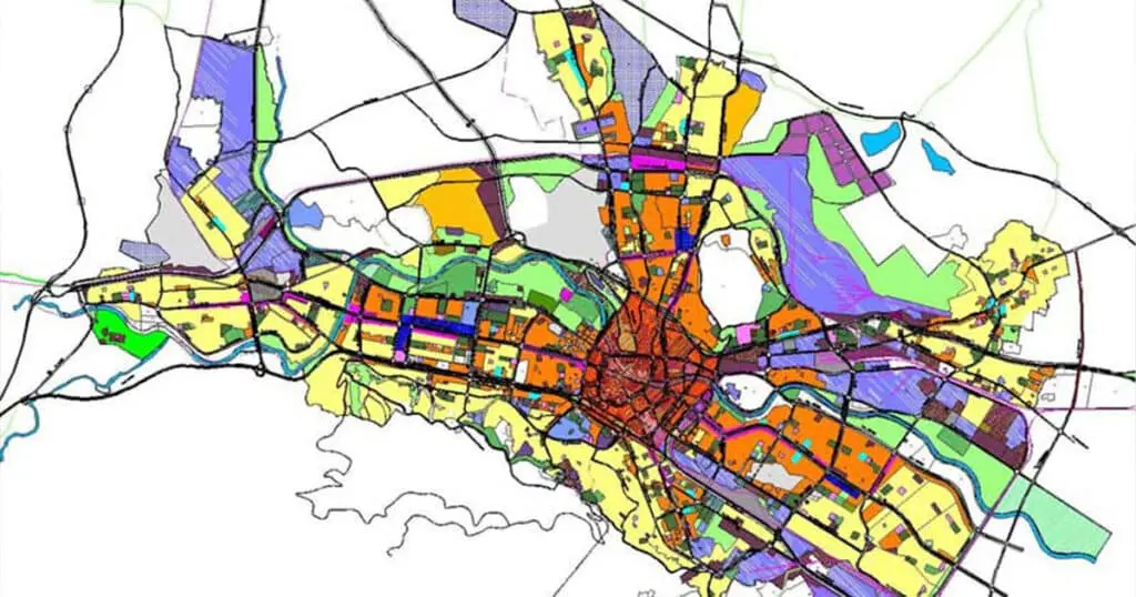 Color-coded city planning map showing urban development and zoning areas for EJH Distribution.