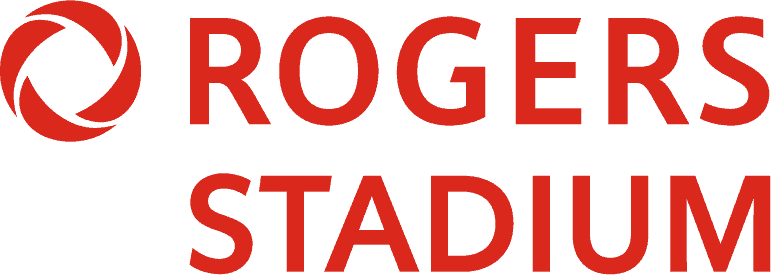 Close-up of Rogers Stadium logo featuring vibrant red and black colors.