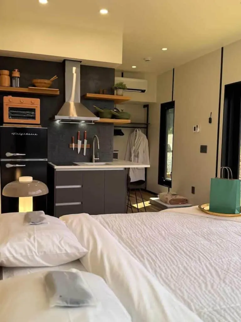 Modern kitchen and bedroom in a stylish apartment with black and white accents, open shelving, and minimalist decor, showcasing home comfort and contemporary design for rental or property listings.