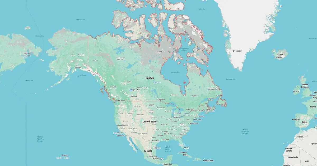 Detailed map of North America, including the United States, Canada, Mexico, and Greenland with country borders and major cities highlighted.