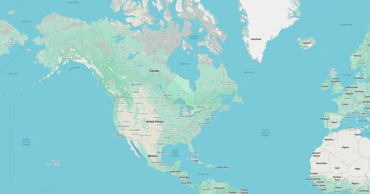 Detailed political map highlighting countries, cities, and geographical features in North America and parts of Europe.