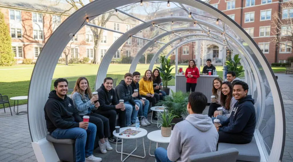 Group of diverse friends sitting in a stylish, semi-enclosed outdoor space with string lights and plants, sharing drinks and conversation.