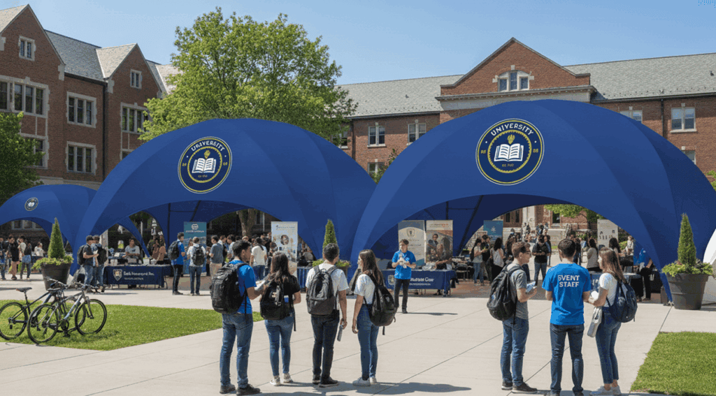 Students gathering at university fair on campus with promotional booths and informational displays, lively atmosphere, sunny day.
