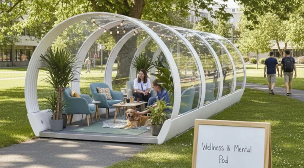 Transparent wellness and mental health pod in a park with seating, plants, and people relaxing inside, promoting mental well-being and outdoor therapy.