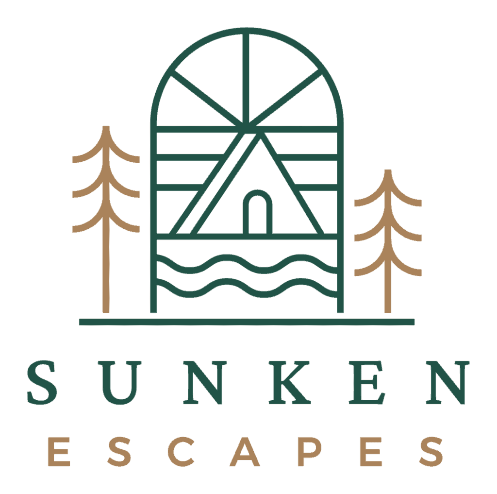 A stylized logo featuring a water wheel, trees, and water waves, representing outdoor adventure and relaxation.