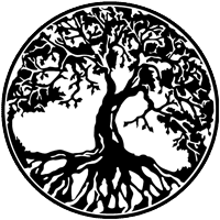 A detailed black and white illustration of a large, majestic tree with sprawling roots and lush foliage, perfect for outdoor adventure themes.