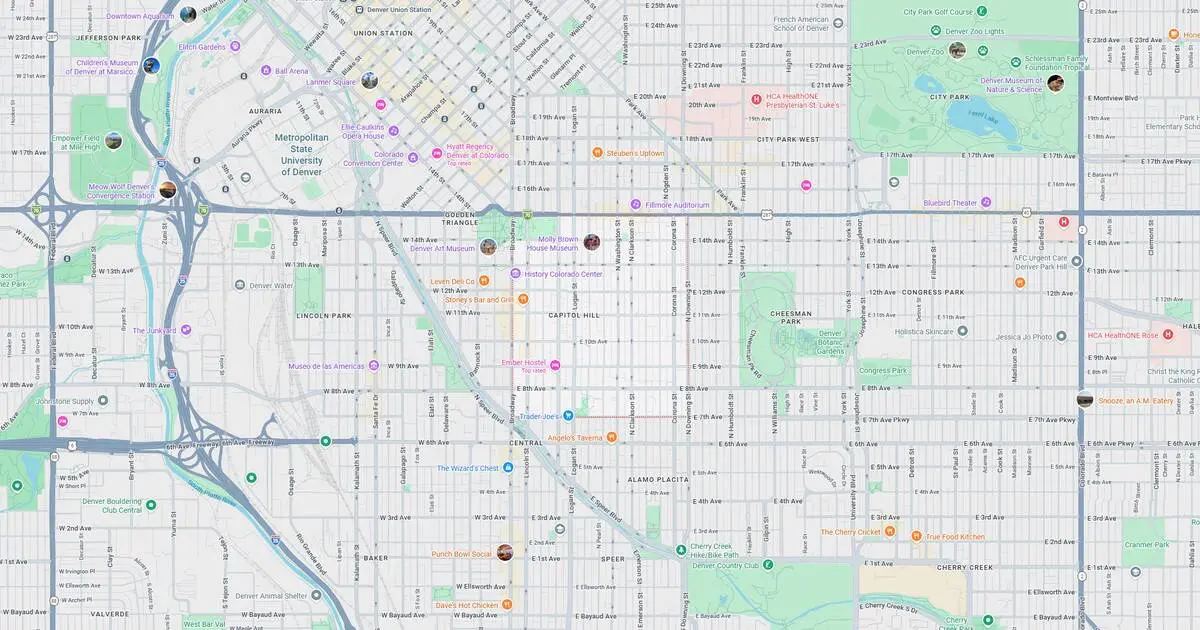 Detailed city map highlighting major streets, parks, and landmarks in downtown area. Includes transportation routes, public transit stops, and points of interest for navigation.