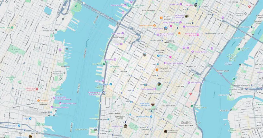 Map of New York City showing subway lines, streets, and key landmarks in Manhattan and surrounding boroughs.