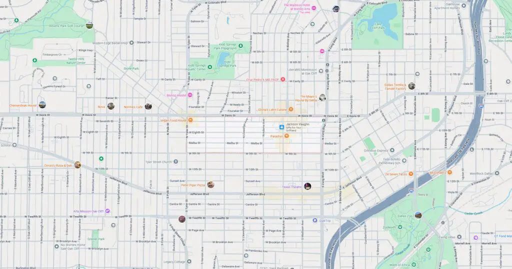 Detailed city map highlighting streets, parks, and key locations in an urban environment.