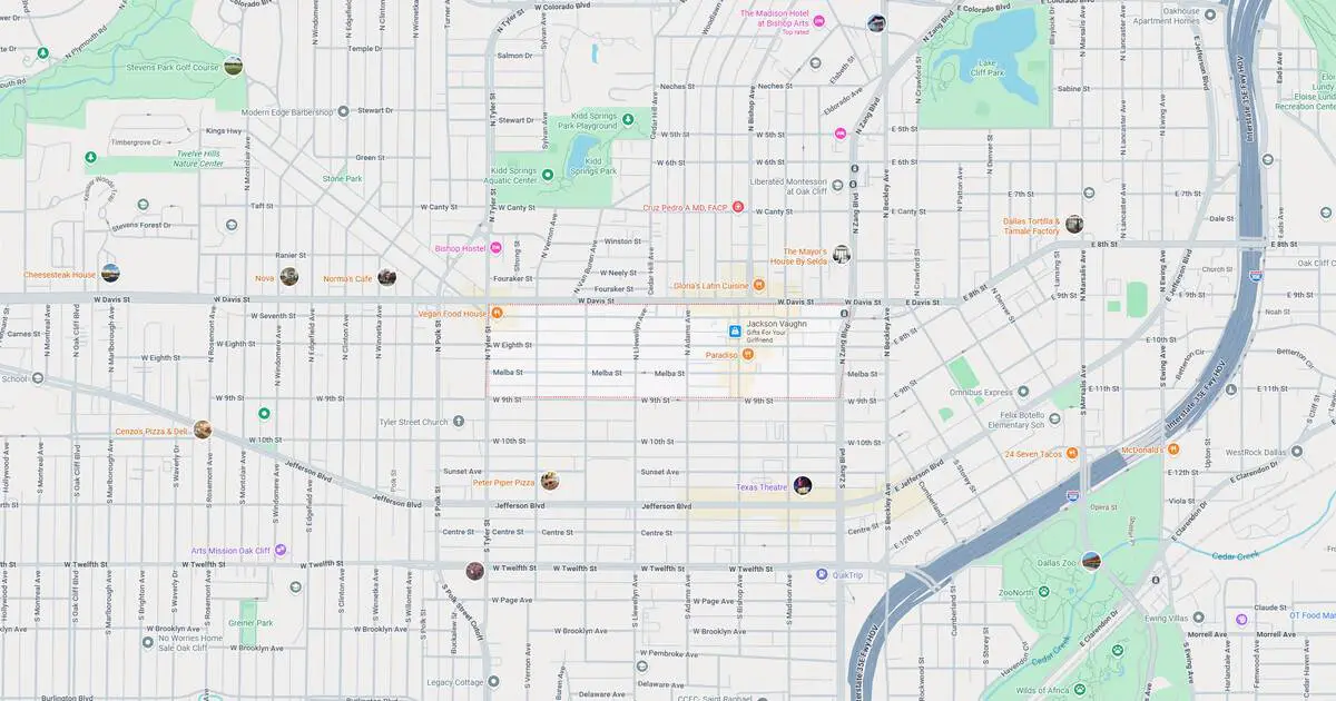 Detailed city map highlighting streets, parks, and key locations in an urban environment.