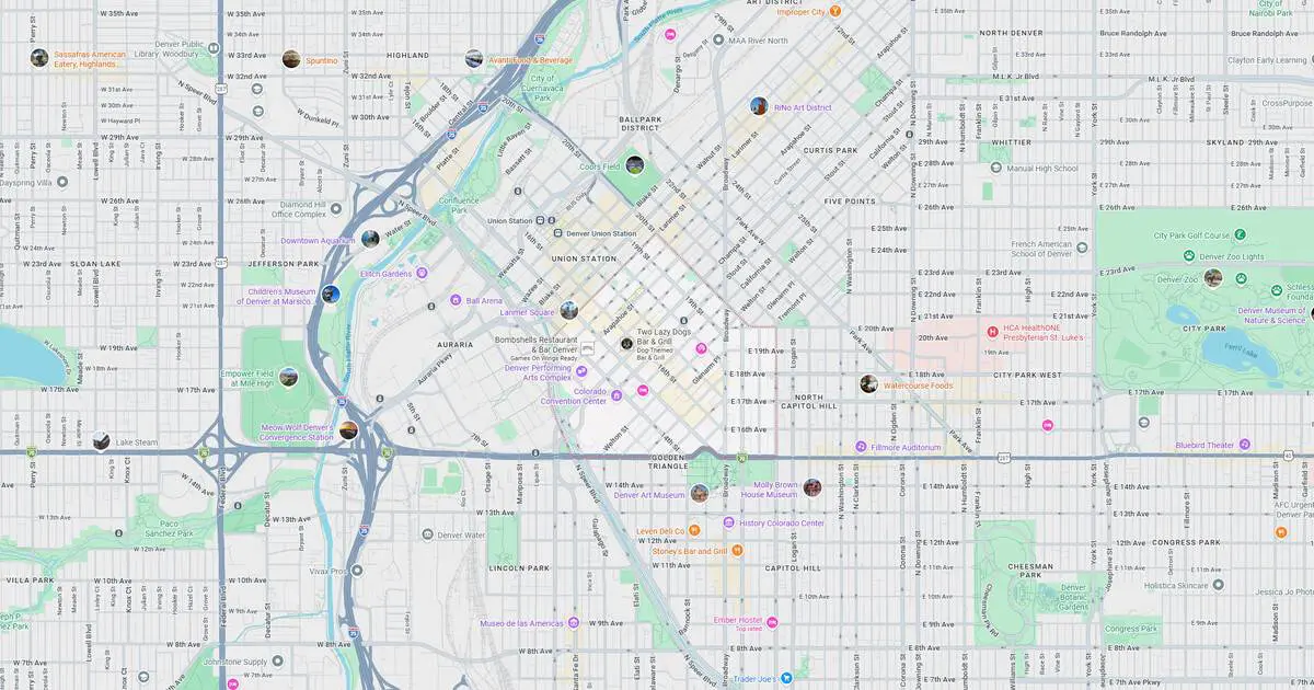 Detailed city map showing streets, parks, and points of interest in the downtown area.