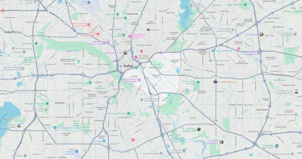 A detailed map of Dallas, Texas, highlighting highways, roads, and transit lines for navigation and urban planning.