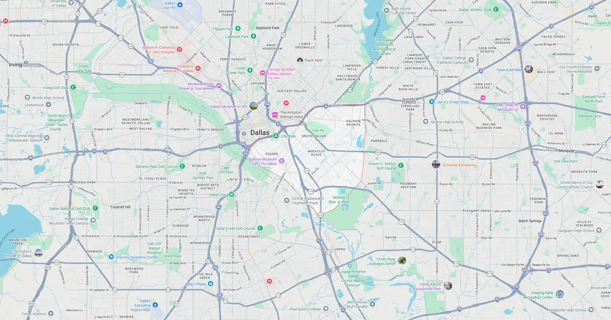 A detailed map of Dallas, Texas, highlighting highways, roads, and transit lines for navigation and urban planning.