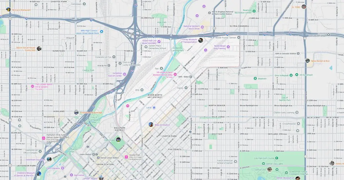 Detailed map of Denver showing highways, streets, parks, and points of interest.