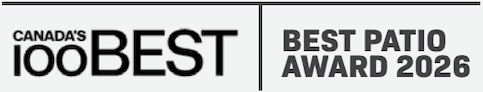 Award badge for Canada's 100 Best patios in 2026, highlighting excellence in outdoor dining and design.