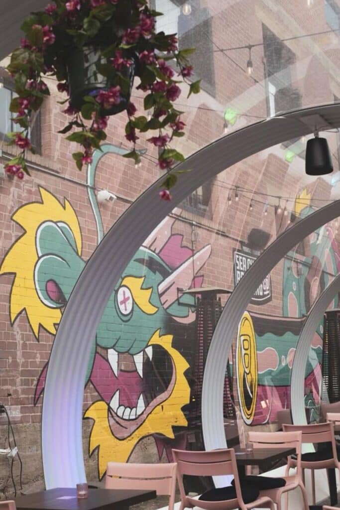 Vibrant street art mural featuring a dragon and abstract designs at EJH Distribution venue.