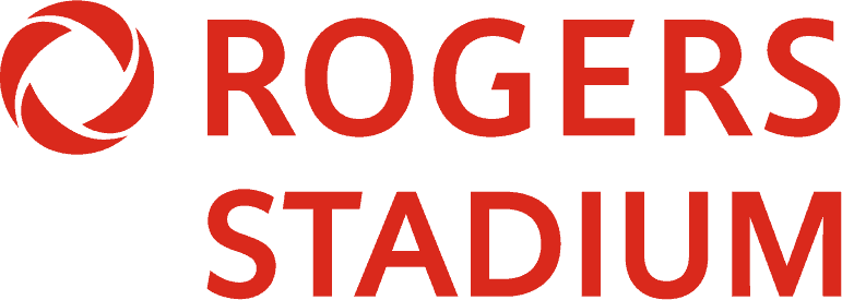 Close-up of Rogers Stadium logo featuring vibrant red and black colors.