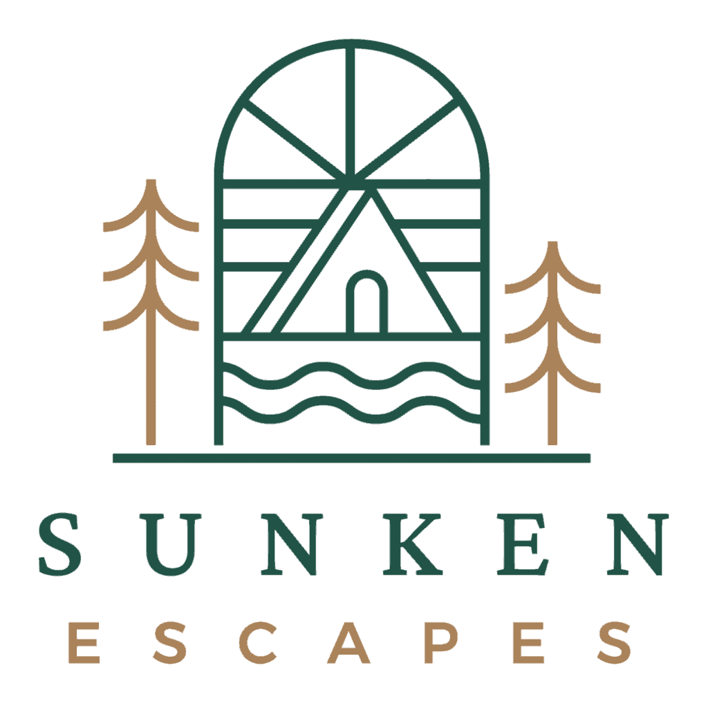 A stylized logo featuring a water wheel, trees, and water waves, representing outdoor adventure and relaxation.
