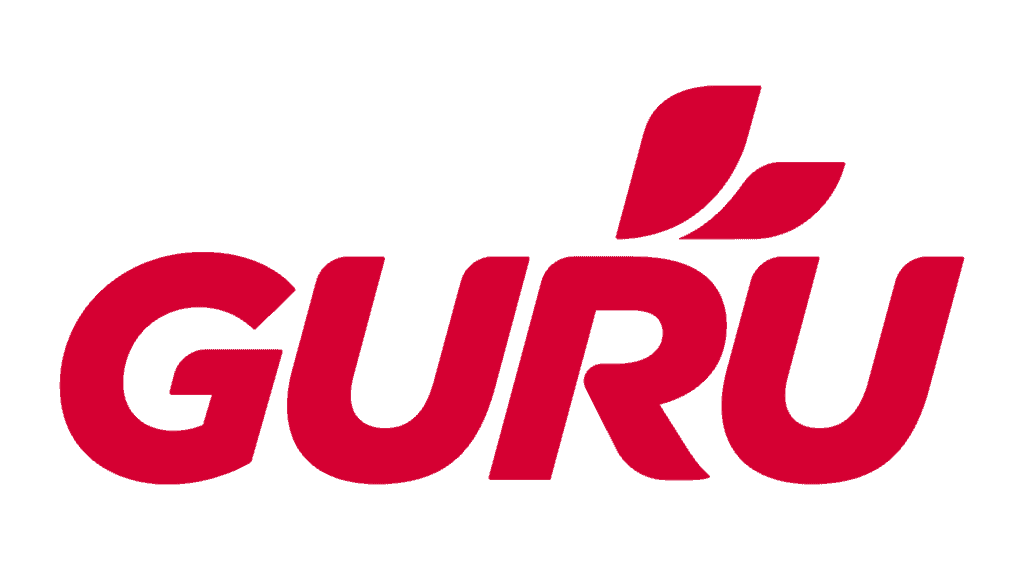 Guru Energy logo featuring bold red text with a leaf accent, representing energy and vitality.