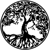 A detailed black and white illustration of a large, majestic tree with sprawling roots and lush foliage, perfect for outdoor adventure themes.