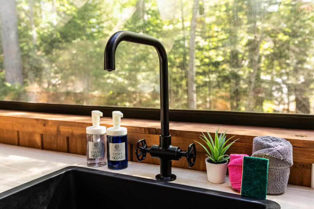 Modern kitchen sink with cleaning supplies